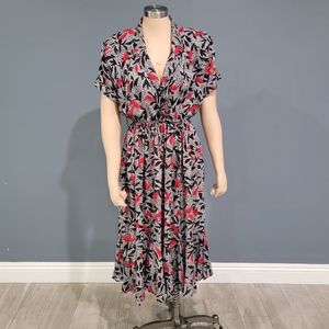 Vintage 80s VISIONZ Black Red White Floral Fit Flare Midi Dress M